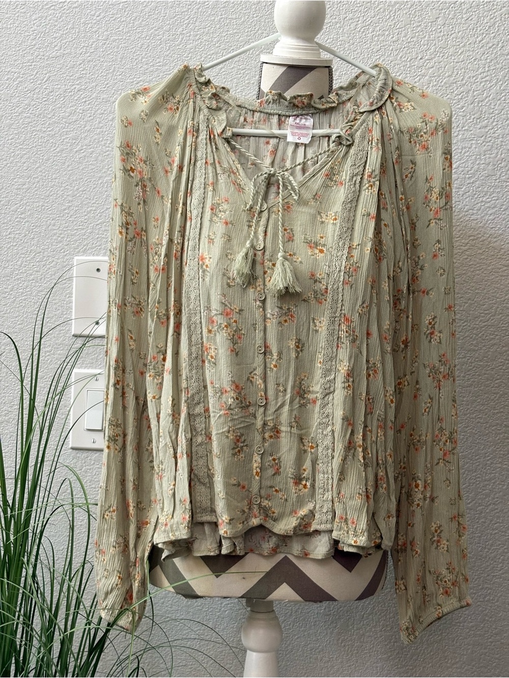 No Boundaries Sage Green Floral Peasant Blouse with Tassel Tie